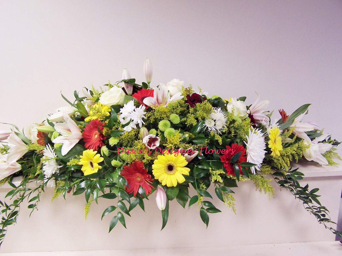 Yellow, white & orange coffin top spray