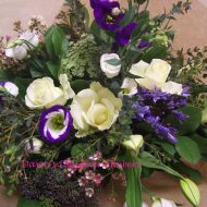 Just Smile hand tied blue, purple and white bouquet