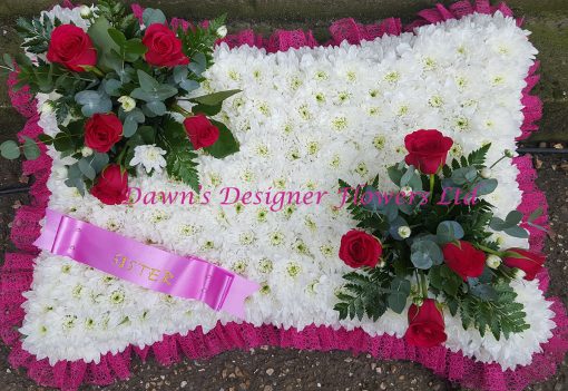 white chrysanthemums,pillow from flowers,red rose corsage