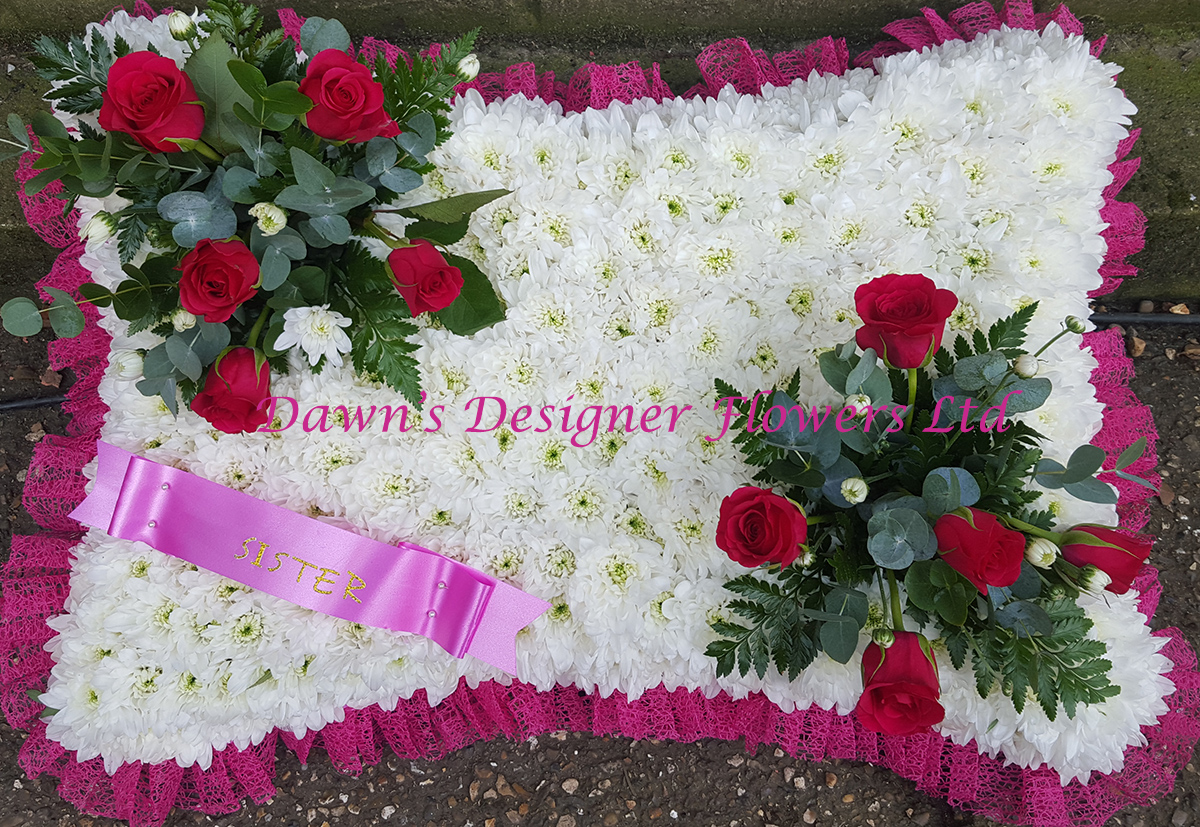 Funeral tribute Pillow white chrysanthemums,pillow from flowers,red rose corsage